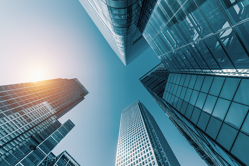 skyscrapers in a finance district from a low angle