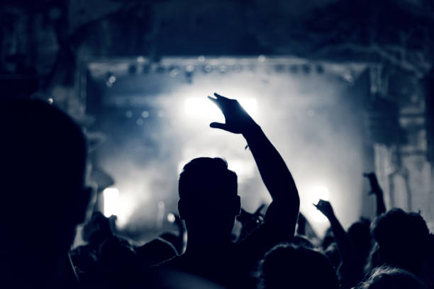 istock Crowd at a music concert, audience raising hands up, toned 904106204