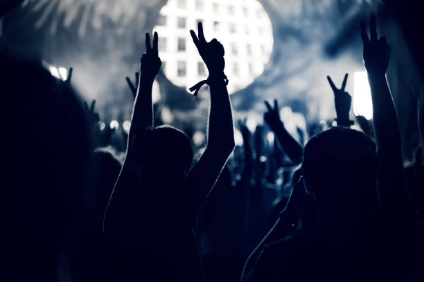 istock Crowd at a music concert, audience raising hands up, toned 904106254