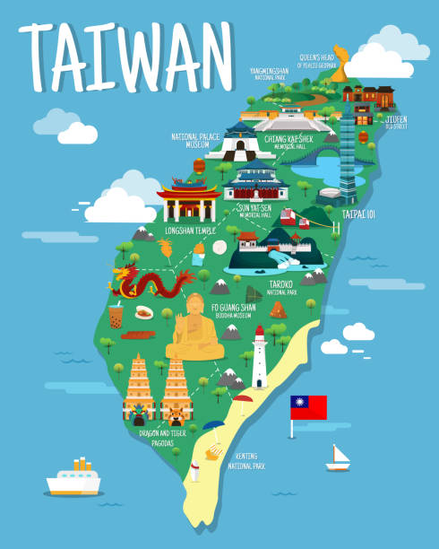 Taiwan map with colorfaul landmarks illustration design Taiwan map with colorfaul landmarks illustration design taiwan stock illustrations