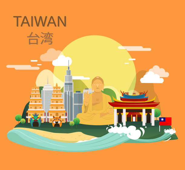 ilustrações, clipart, desenhos animados e ícones de marcos de atração turística fantástica em desenho de ilustração de taiwan - longshan