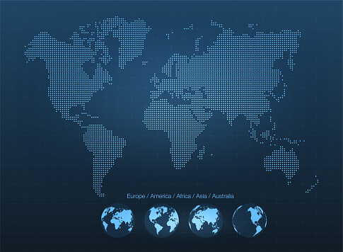 Abstract world map with globes. Planet Earth, network, global communication, science and technology concept. Vector