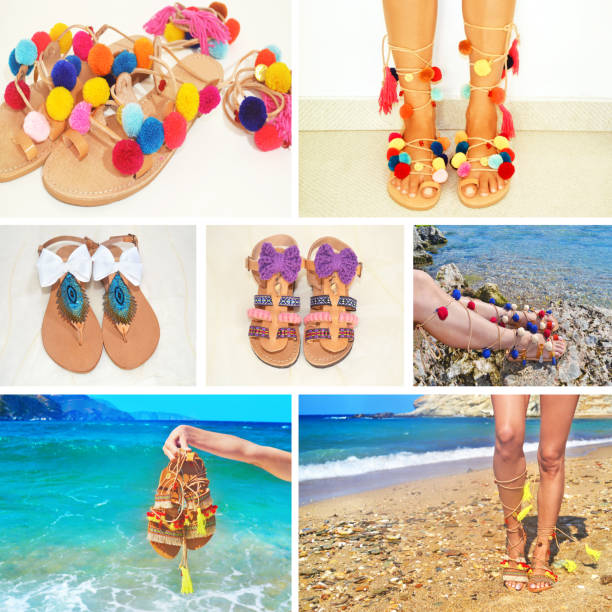 photo collage of bohemian greek sandals photo collage of bohemian greek sandals - fashion accessories advertisement gladiator shoe stock pictures, royalty-free photos & images