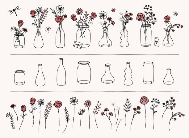 handgezeichnete blumen und vasen - blumenvase stock-grafiken, -clipart, -cartoons und -symbole