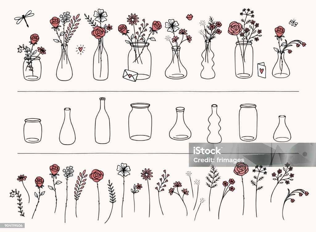 Hand drawn flowers and vases Set of hand drawn flowers and vases for Valentine's Day, to create your own bouquet Flower stock vector