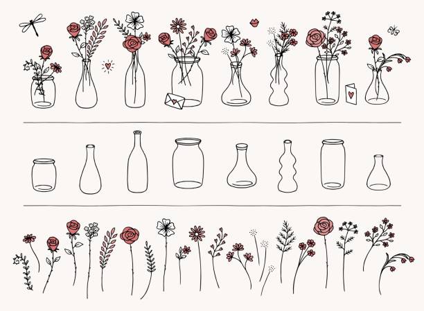 Hand drawn flowers and vases Set of hand drawn flowers and vases for Valentine's Day, to create your own bouquet rose cartoon stock illustrations