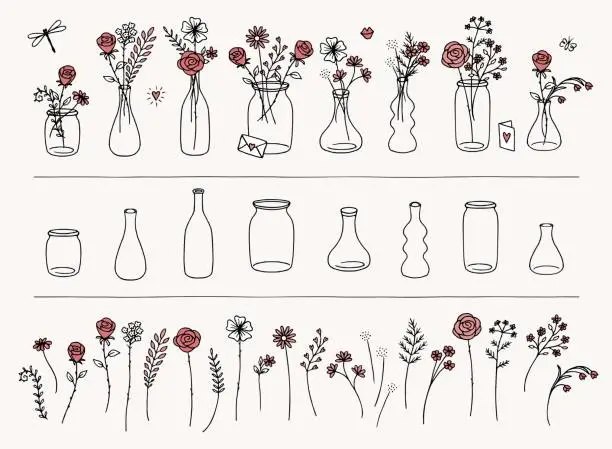 Vector illustration of Hand drawn flowers and vases