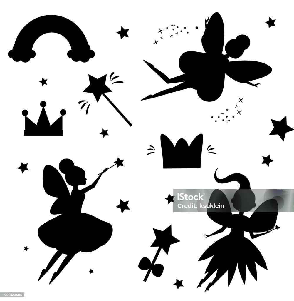 Flying fairies silhouettes isolated on white background. Magical features of fairy world. Isolated elements for stickers, scrapbook Flying fairies silhouettes isolated on white background. Magical features of fairy world. Isolated elements for stickers, scrapbook and etc Fairy stock vector