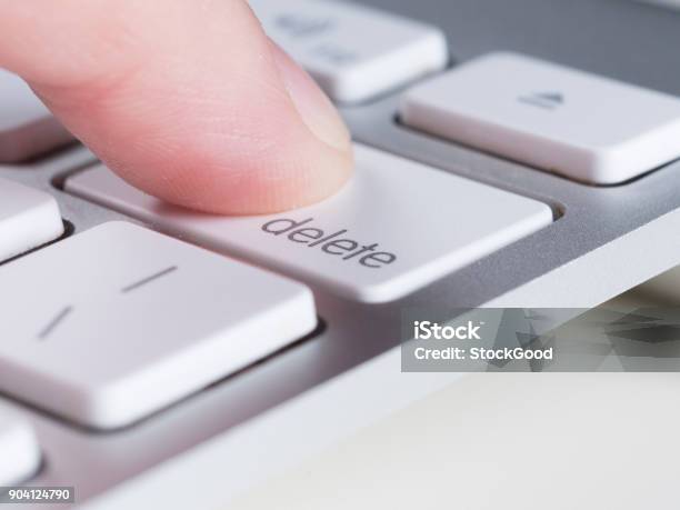 Finger Is Pressing Delete Key Of Computer Keyboard Stock Photo - Download Image Now - Delete Key, File Folder, Computer Keyboard