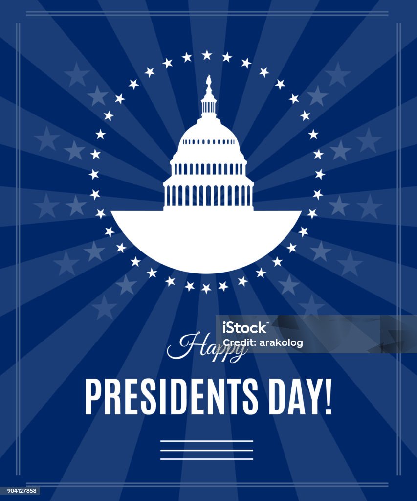 Vector Presidents Day greeting banner with Washington DC Presidents Day greeting banner with Washington DC White house and Capitol building arounded stars isolated on dark rays background. USA landmark. Vector illustration Presidents Day stock vector