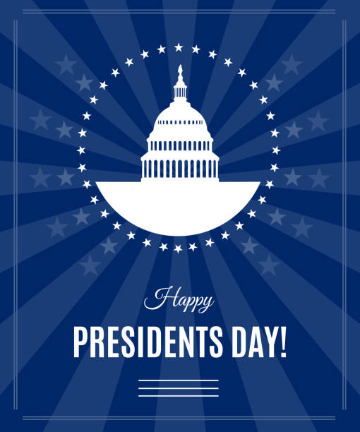 Vector Presidents Day greeting banner with Washington DC Presidents Day greeting banner with Washington DC White house and Capitol building arounded stars isolated on dark rays background. USA landmark. Vector illustration presidents day logo stock illustrations