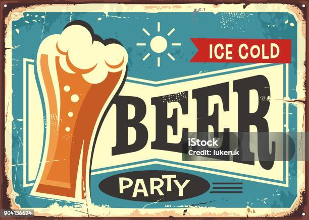 Beer Party Retro Pub Sign Stock Illustration - Download Image Now - Beer - Alcohol, Sign, Retro Style