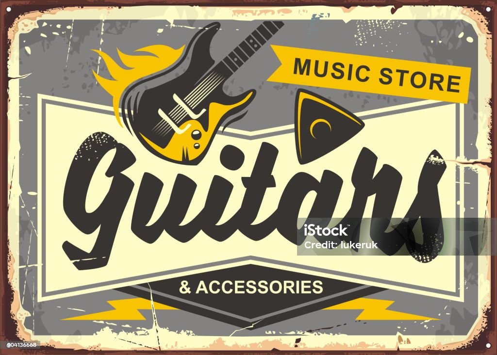Guitar store retro advertisement sign board Guitar store retro advertisement sign board with electric guitar, guitar pick and creative typo. Vintage music illustration. Vector image. Rock Music stock vector