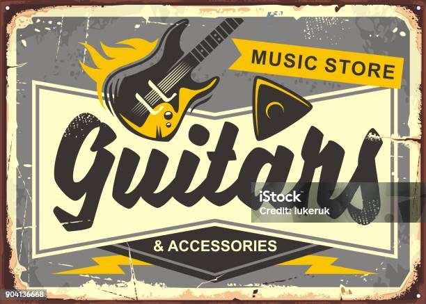 Guitar Store Retro Advertisement Sign Board Stock Illustration - Download Image Now - Rock Music, Poster, Retro Style