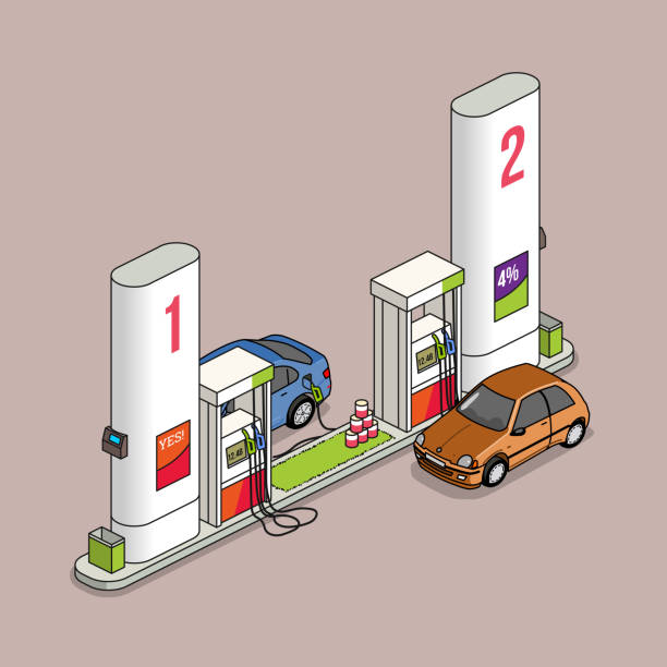 ilustrações de stock, clip art, desenhos animados e ícones de gas station - isometric gas station transportation car