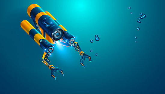 Autonomous underwater rov with manipulators or robotic arms. Modern remotely operated underwater vehicle. Fictitious subsea drone or robot for deep underwater exploration and monitoring sea bottom.