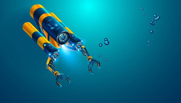 Autonomous underwater rov with manipulators or robotic arms. Modern remotely operated underwater vehicle. Fictitious subsea drone or robot for deep underwater exploration and monitoring sea bottom. Autonomous underwater rov with manipulators or robotic arms. Modern remotely operated underwater vehicle. Fictitious subsea drone or robot for deep underwater exploration and monitoring sea bottom. underwater exploration stock illustrations
