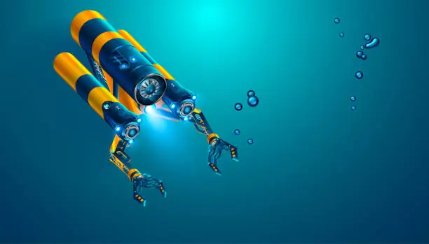 Vector illustration of Autonomous underwater rov with manipulators or robotic arms. Modern remotely operated underwater vehicle. Fictitious subsea drone or robot for deep underwater exploration and monitoring sea bottom.