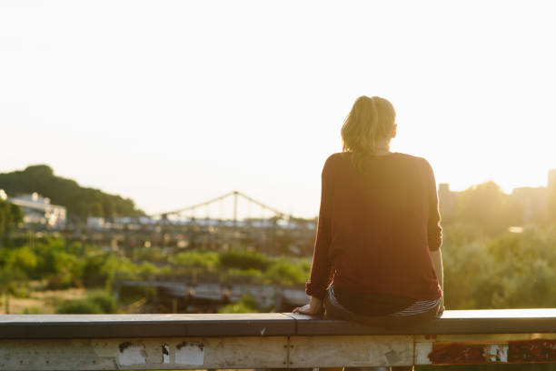 istock rear view of young woman looking sunset, back lit 904150546
