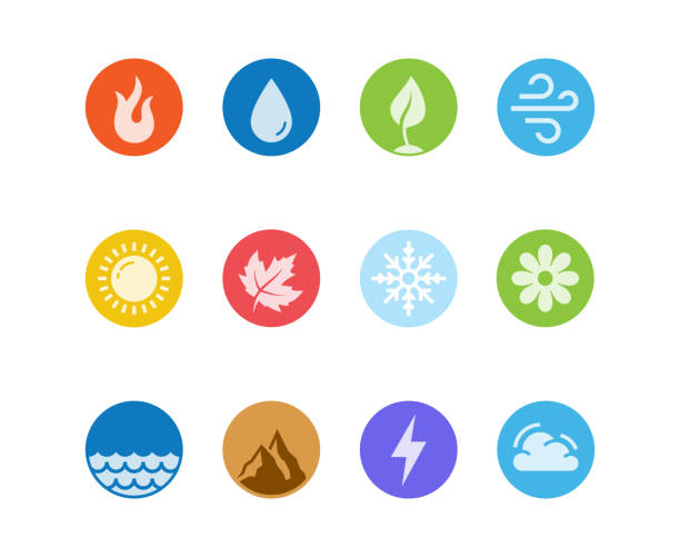 ilustrações de stock, clip art, desenhos animados e ícones de vector round icon set of fire, water, earth and air elements and seasons of year in flat design style - sun sunlight symbol flame