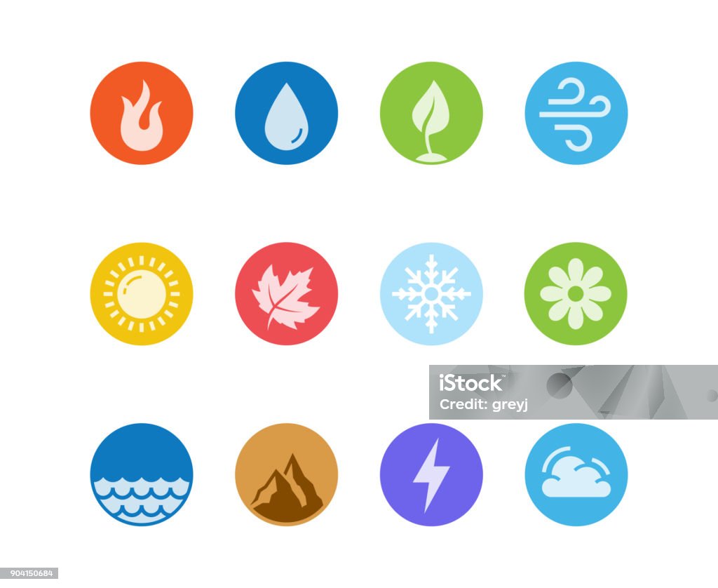 Vector round icon set of fire, water, earth and air elements and seasons of year in flat design style Icon Symbol stock vector