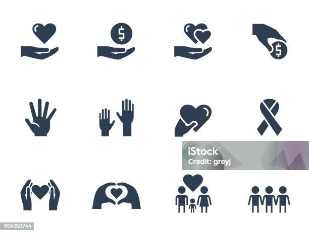 Charity Donation And Volunteering Icon Set In Glyph Style Stock Illustration - Download Image Now