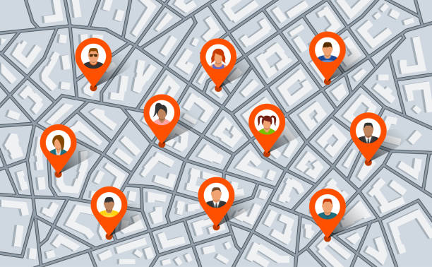 Pointer pins on city map with people. Vector illustration in flat style vector art illustration