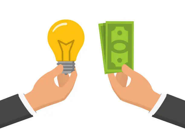 Vector illustration of One hand holding light bulb and another one holding cash. Flat design illustration, idea for money concept