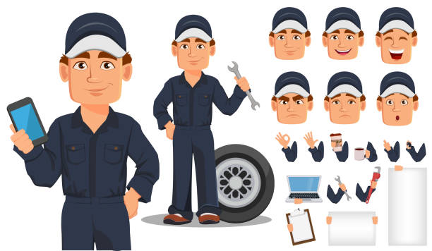 professionelle auto-mechaniker cartoon-charakter-erstellung festgelegt. - technician computer repairing wrench stock-grafiken, -clipart, -cartoons und -symbole