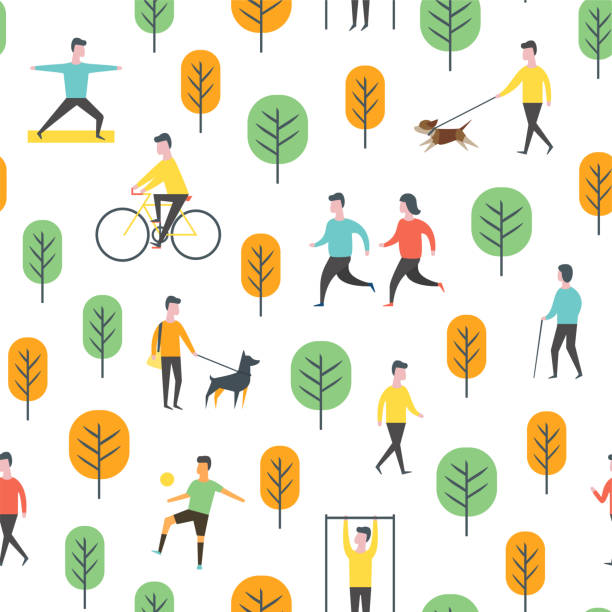 Seamless park pattern. Vector people and sport Seamless outdoor activity pattern. Sport, running people, yoga in park. Wrapping paper vector template. walking backgrounds stock illustrations