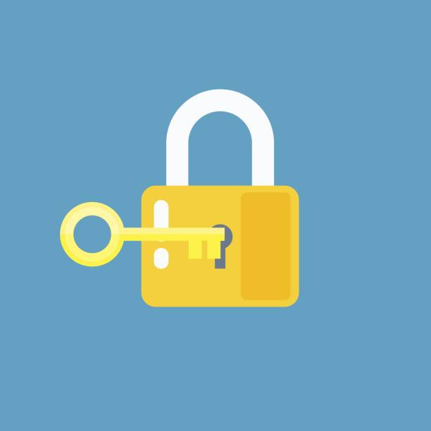 Padlock with key. Sign unlocking, access, password Lock and key or lock with key icon in flat style. Padlock with key. Sign unlocking, access, password. computer key stock illustrations