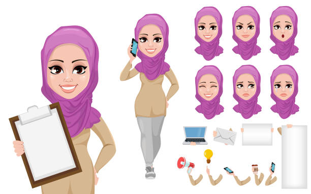 ilustrações, clipart, desenhos animados e ícones de conjunto de criação empresarial árabe mulher cartoon caracteres - arab style audio