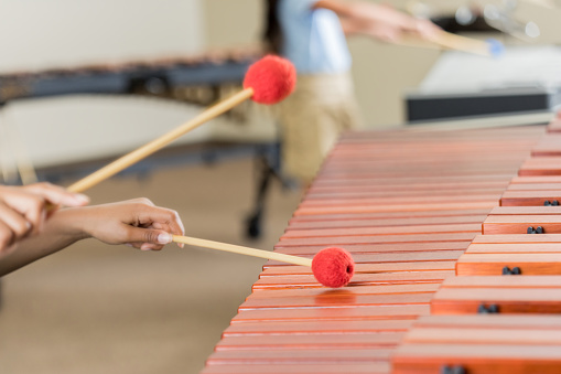 Unrecognizable elementary school student uses percussion mallet to play marimba during music class.