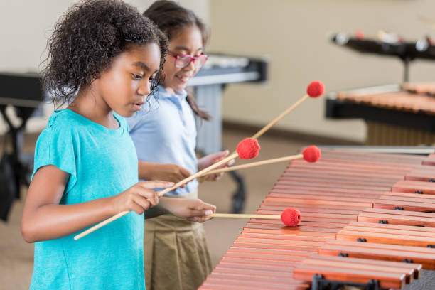マリンバを演奏しながら集中する女の子 - xylophone ストックフォトと画像