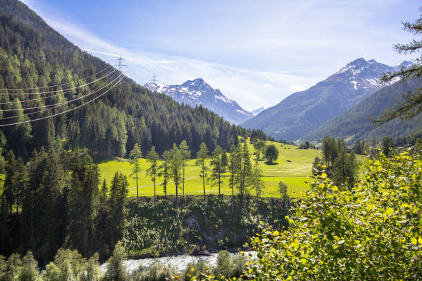typical alpine landscape in spring - castle engadine alps lake water imagens e fotografias de stock