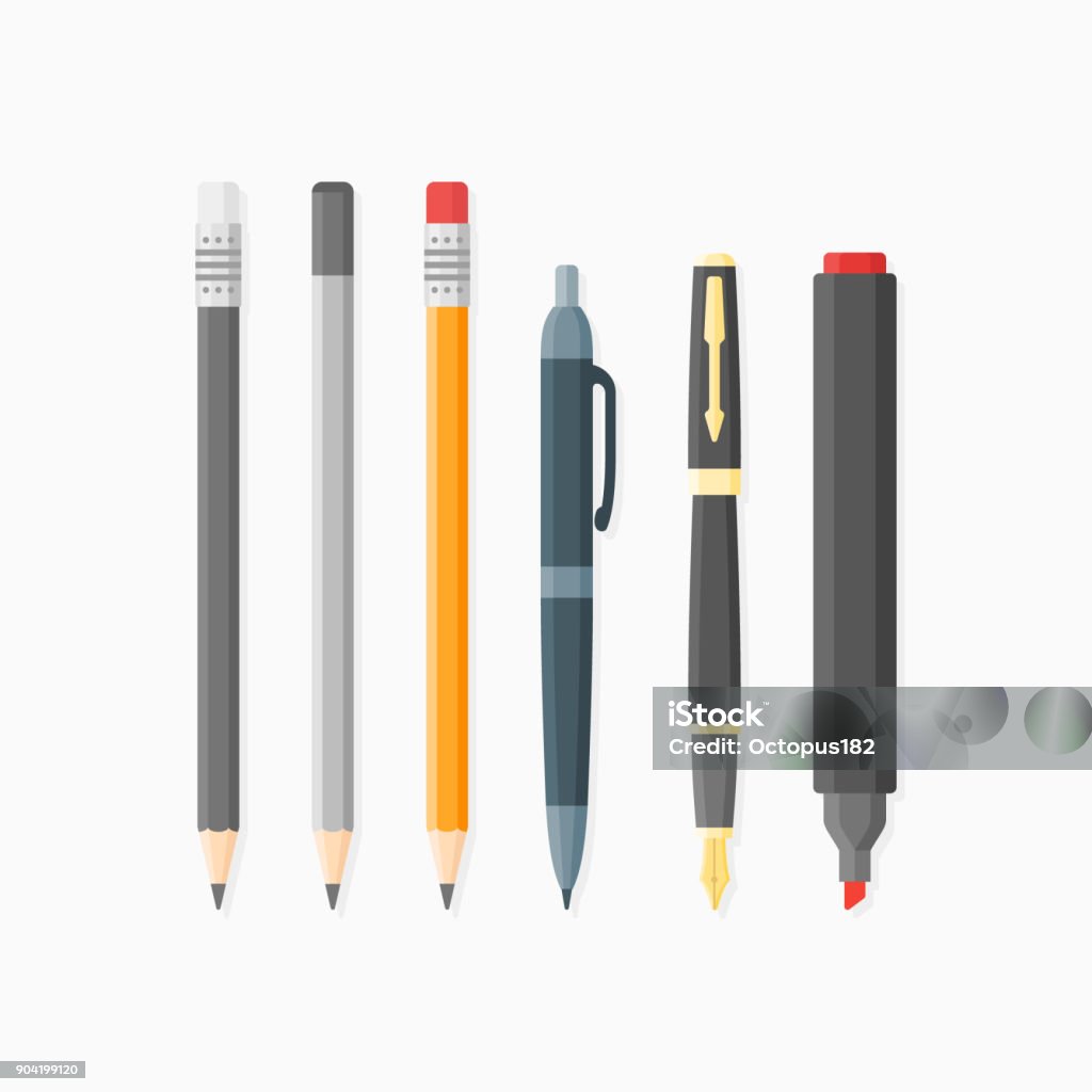 Stylo à bille, plume, crayons et marqueurs isolé sur fond blanc. - clipart vectoriel de Stylo libre de droits