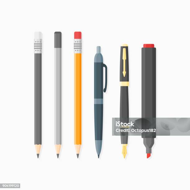Stylo À Bille Plume Crayons Et Marqueurs Isolé Sur Fond Blanc Vecteurs libres de droits et plus d'images vectorielles de Stylo