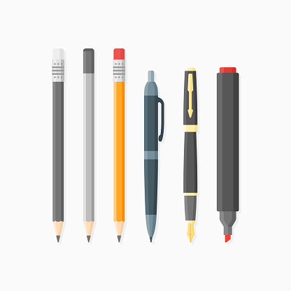 Set of writing and drawing items isolated on white background. Ballpoint pen, nib, pencils and marker. Flat style vector illustration.