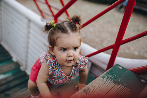 Little girl playing on the playground outdoors