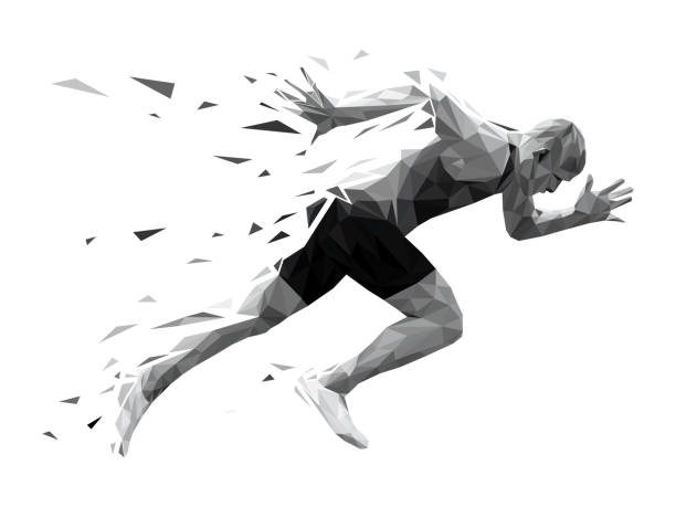 silhouette running man sprinter silhouette running man sprinter explosive start. polygonal particles track starting block stock illustrations
