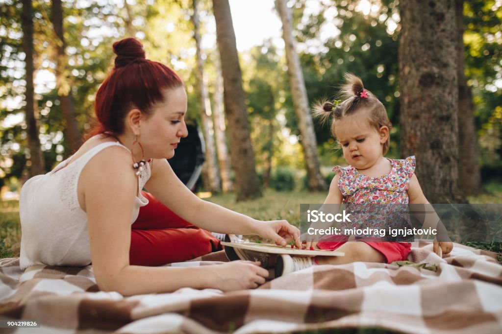 Intelligence development for children Young beautiful woman and her baby girl playing in the park in summer,lying on the blanket Development Stock Photo