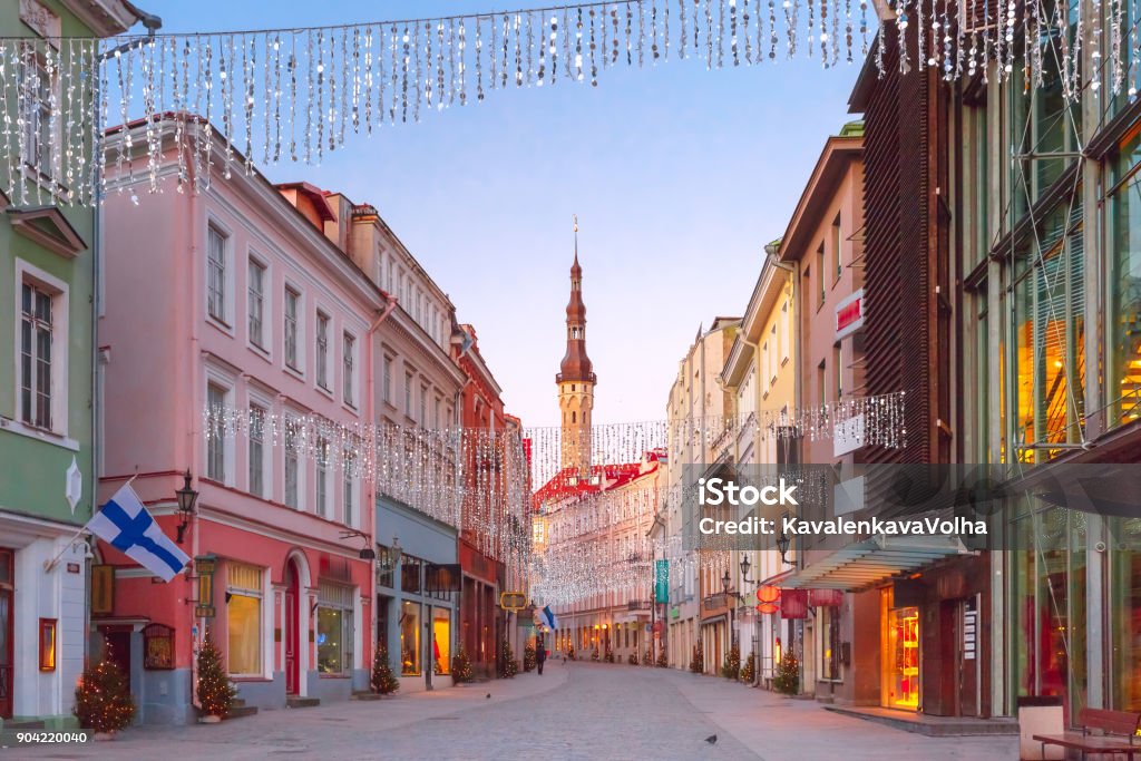 Morning street in the Old Town of Tallinn, Estonia Beautiful illuminated street of Medieval Old Town and Town Hall in the morning blue hour, Tallinn, Estonia Tallinn Stock Photo