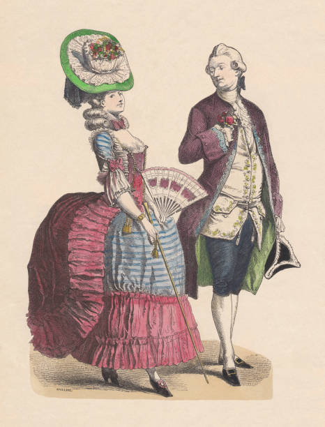 프랑스 의상 (1780), 손 색 나무 조각, 게시 c. 1880 - luxury women wealth baroque style stock illustrations