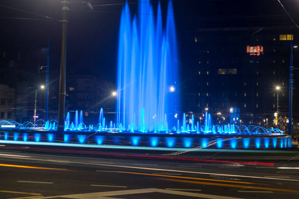 Long exposure of illuminated Fountain of King Tomislav (croat. Fontana kralja Tomislava) in Zagreb, Croatia in winter at night