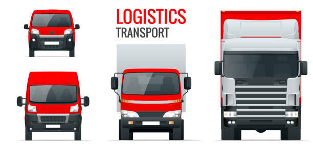 ilustrações de stock, clip art, desenhos animados e ícones de logistics transport. front view truck trailer, semi truck, cargo delivery, van and minivan. blank freight delivery trucks. isolated cargo vehicle set on white. - truck trucking business wheel