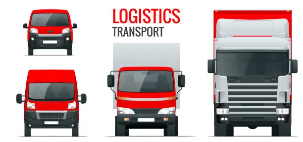Vector illustration of Logistics transport. Front view truck trailer, Semi truck, cargo delivery, van and minivan. Blank Freight delivery trucks. Isolated cargo vehicle set on white.