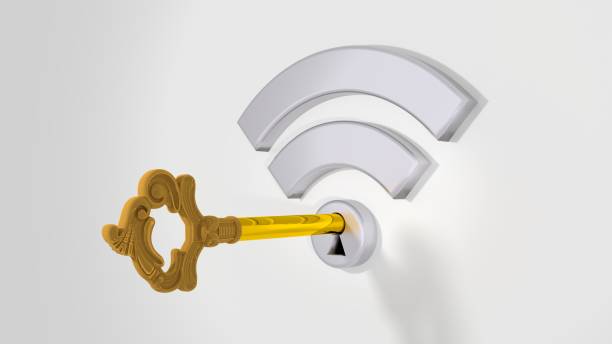 graue wifi-symbol mit einem schlüsselloch auf eine weiße wand und einen goldenen schlüssel - wpa stock-fotos und bilder