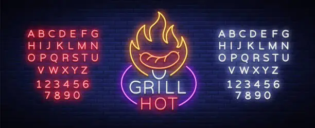 Vector illustration of Grill  in a neon style. Vector illustration on the theme of food, meat of the same. Neon sign, bright symbol, Grill bar, restaurant, snack bar, dining room. BBQ party. Editing text neon sign