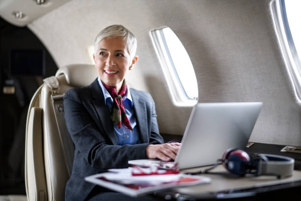 istock Businesswoman in private jet airplane 904246682