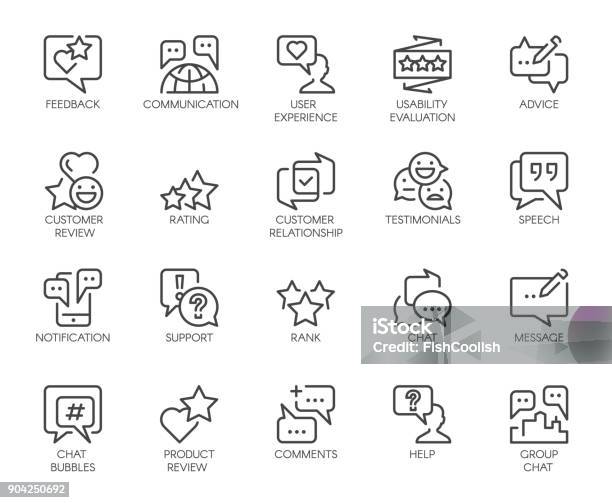 Review Line Icons Big Set Of 20 Outline Pictograms Isolated On White Comments Or Message Chat Bubbles Usability Evaluation Communication Rating And Other Symbols Graphic Signs Vector Labels Stock Illustration - Download Image Now